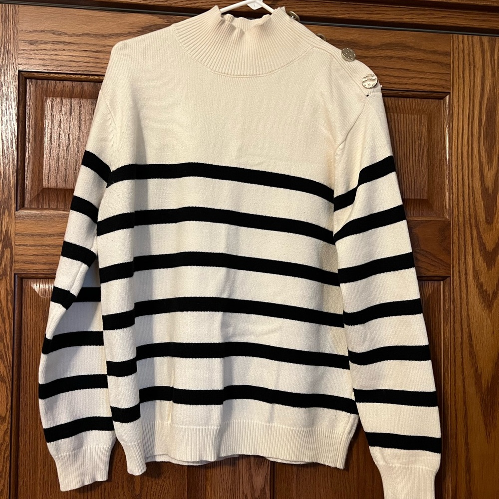 Cream and navy stripe sweater with button detail